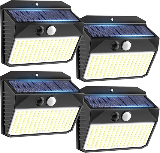 Solar Motion Sensor Fence Lights - Outdoor 4 Pack, 150 LED with 3 Modes, IP65 Waterproof, Solar Powered