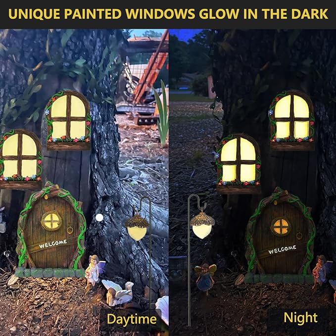 Miniature Fairy Garden Accessories Fairy Door and Windows for Trees, Glow in The Dark Yard Garden Sculpture Lawn Ornament Mini Garden Art Outdoor Decor Accessories with Lantern