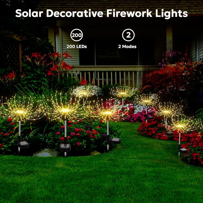 Solar Outdoor Lights Outdoor Waterproof 200 LED Firework Light Solar Powered Sparkles Landscape Fairy Light Outside Decorations Lights for Yard Patio Pathway Lawn Party Decoration, 8 Pack
