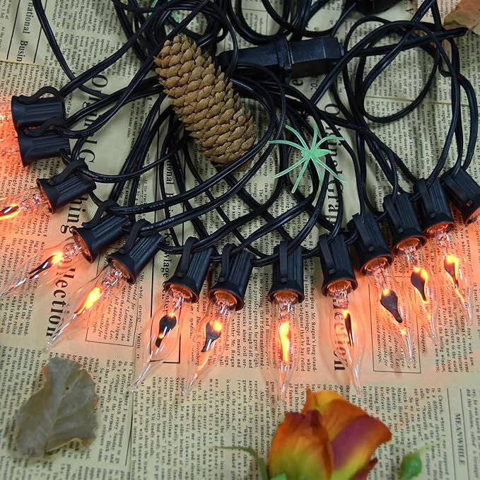 27.8Ft Halloween Decorations Flickering Flame String Lights with 29 Pack Clear Glass Flame Light Bulbs (4 Spare), E12 Base, Great for Christmas Halloween Indoor Outdoor Home Party Decor, Black Wire