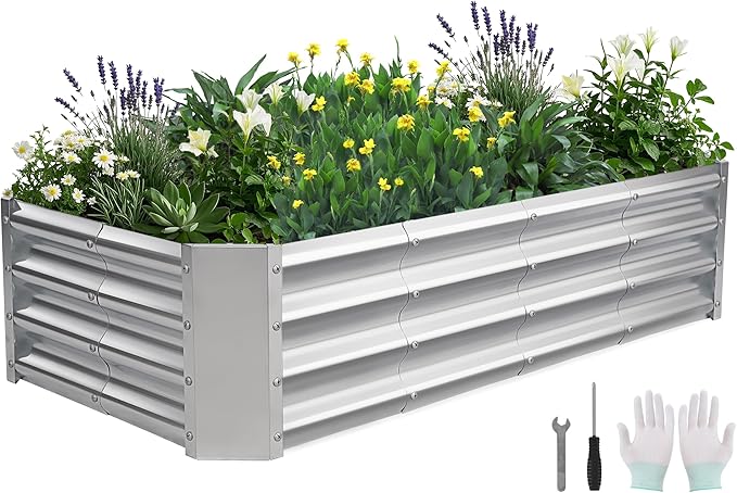 Galvanized Raised Garden Bed - 4x2x1ft Metal Garden Planter Box Outdoor | Steel Raised Bed Kit with Bracing Rods, Gloves for Gardening Vegetables Fruits and Flowers (Silver)