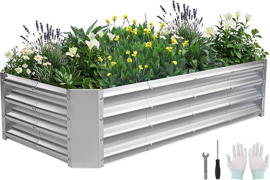 Galvanized Raised Garden Bed - 4x2x1ft Metal Garden Planter Box Outdoor | Steel Raised Bed Kit with Bracing Rods, Gloves for Gardening Vegetables Fruits and Flowers (Silver)