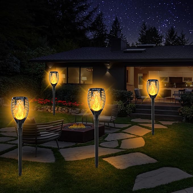 Upgraded Solar Lights Outdoor 4 Pack, Solar Torch Lights with Flickering Flame, Super Larger Size for Garden Decor, Solar Powered Outdoor Waterproof Solar Garden Lights for Pathway Patio Yard