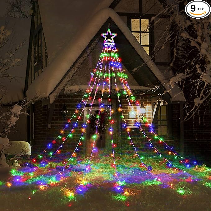 Toodour Christmas Decorations Outdoor Star Lights, 317 LED 10ft X 9 Waterfall Tree Lights with 12" Topper Star, 8 Lighting Modes Outside Christmas Lights for Yard Garden Holiday Decor (Multicolor)