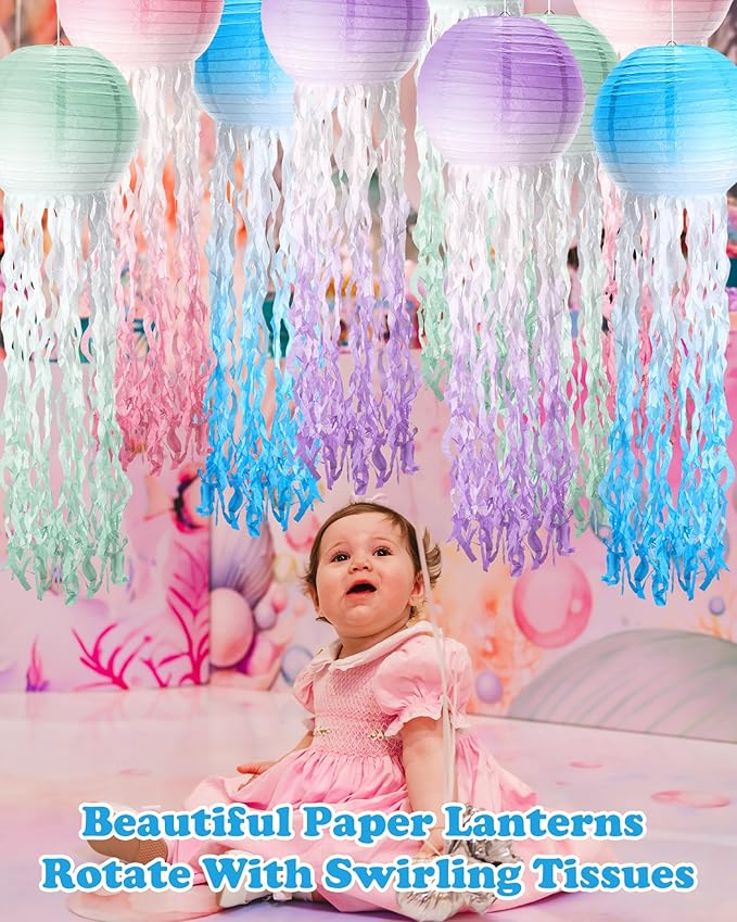 18 Pcs Jellyfish Paper Lanterns Mermaid Birthday Decorations Hanging Lantern Lamps for Ocean Theme Decor Under The Sea Party Supplies(Gradient Color)
