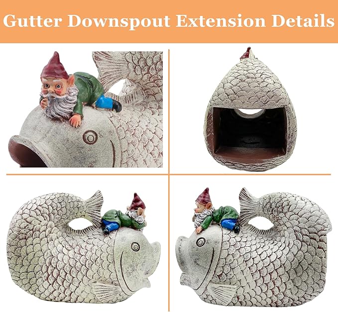Gnome Fish Sculpture - Eco-Friendly Resin Gutter Diverter Rain, Outdoor Decor Sculpture, Garden Animal Statue, Gutter Downspout Splash Block, Decorative Extension, Ideal for 3"x4" Downspouts