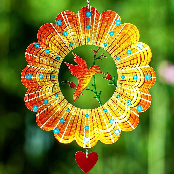 SteadyDoggie Wind Spinner - 12-Inch 3D Stainless Steel Lovebird Design with Heart Pendant - Laser Cut Metal Art Geometric Pattern - Hanging Kinetic Yard Garden Decor