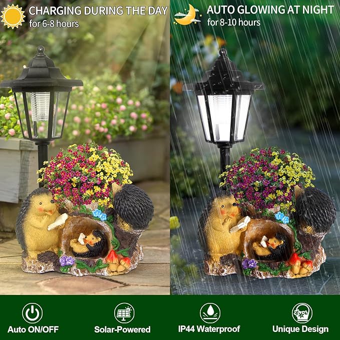Solar Garden Statue Hedgehog Figurine,Flower Pots Planters Pots for Succulent,Garden Sculpture for Patio Balcony Yard Lawn Decor,Unique Gift for Dad Mom Grandma