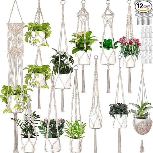 Hoteam 12 Pcs Macrame Plant Hangers Macrame Hanging Planters for Indoor Plants Handmade Boho Hanging Baskets Flower Pots Holder for Outdoor Home Wall Decor
