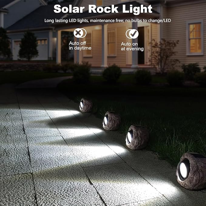 Outdoor Solar Rock Light, Waterproof LED Solar Spotlight, Garden Landscape Lights, Decorative Garden Rock Lights for Paths, Sidewalks, Patio and Landscaping - 2 Pack