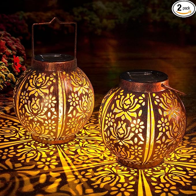 Solar Lanterns Outdoor Waterproof 2 Pack, Hanging Solar Lights for Outside Garden Decor, Decorative Moroccan Lanterns Garden Gifts for Women Mom, Yard, Patio, Porch Decorations