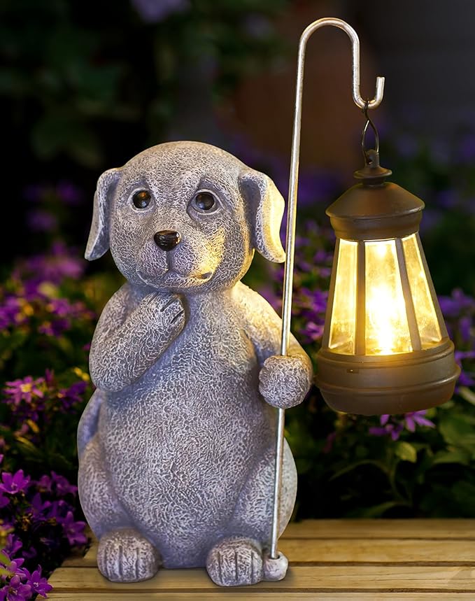 Dog Statue with Solar Lantern - Outdoor Decor Dog Figurines for Garden Lawn Patio Balcony, Outdoor Statues Unique Gifts for Women Moms Grandma