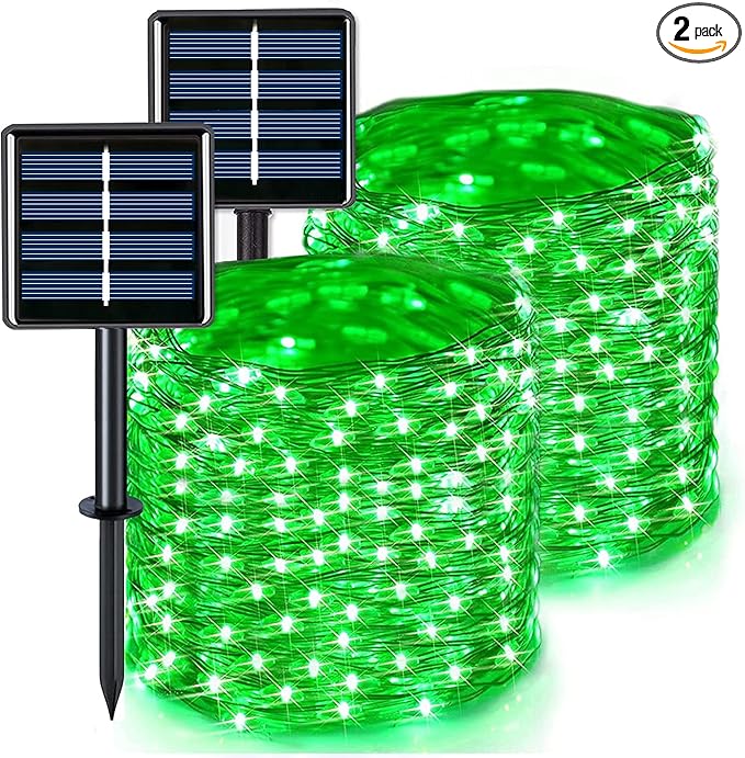 JMEXSUSS 2 Pack Green Solar Halloween Lights Each 66ft 200 LED Green Solar Lights Outdoor, 8 Modes Copper Wire Solar Fairy Lights for Garden Yard Patio Christmas Halloween Decorations