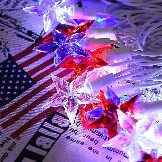 50 LED Red White and Blue Star Lights, 18.5FT 4th of July Lights Plug in, Patriotic Decorations Outdoor Star String Light for Home Patio Porch Garden Memorial Day Independence Day Decor, White Wire
