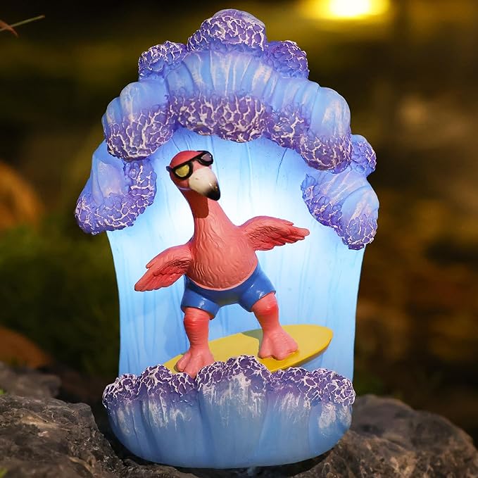Pink Flamingos for Yard-Garden Statues Solar Outdoor Decor - Surfing Hawaii Beach Yard Art Light up Sea Wave Decor for Patio Lawn Yard