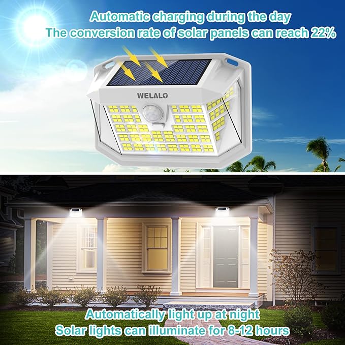 Solar Motion Sensor Lights Outdoor, [3 Modes/4 Pack/188 LED] 270° Wide Angle Lighting, Security Solar Powered Wall Lights, IP65 Waterproof Flood Lights for Fence Porch Yard Patio(White)
