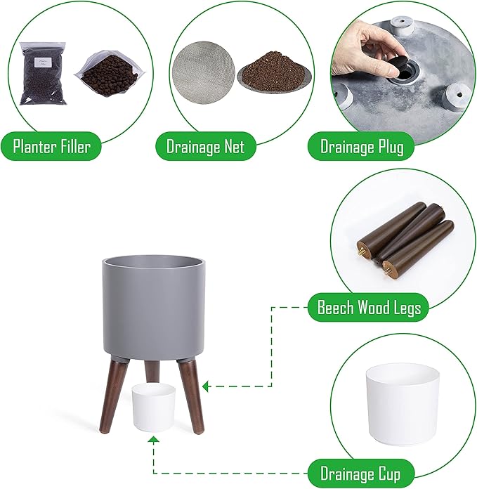 D'vine Dev 8 Inch Planter Pot with Stand, Mid-Century Tall Plant Pot with Legs for Indoor Plants, Small, Grey, 88-O-A-3