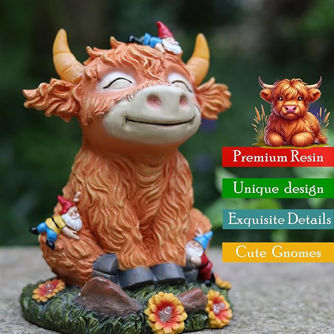Solar Garden Statue Highland Cow Figurine with Funny Gnomes Garden Outdoor Decor for Yard Patio Lawn Christmas Housewarming Gifts for Women,Mom,Grandma