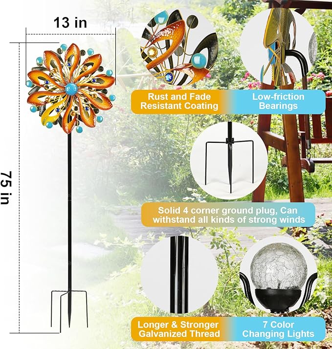 Wind Spinners for Yard and Garden-Wind Sculptures & Spinners 75 in Garden Kinetic Art with Solar Powered Multi-Color Glass Ball Light for Yard Garden Backyard Lawn Decorations