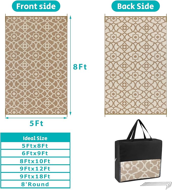 HEBE Outdoor Rug Waterproof 5x8, Plastic Straw Rug Camping Rug, Reversible Outdoor Patio Rugs RV Mat Clearance, Indoor Outside Floor Carpet for Porch,Deck,Camper,Balcony,Backyard