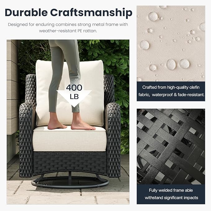 7 Pieces Outdoor Patio Furniture Sets with Rocking Swivel Chairs with 6-inch Thick Cushion and Side Table for Deck Lawn