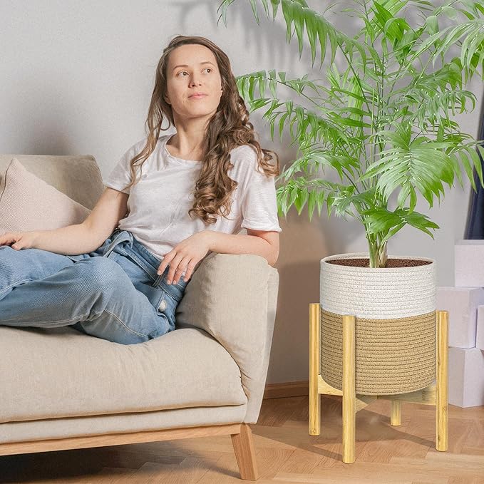 PAULINN Plant Basket with Stand 11" x 11", Woven Basket with Bamboo Plant Stand, for Indoor Plant, Fits Up to 10 Inch Plant Pots, White and Beige