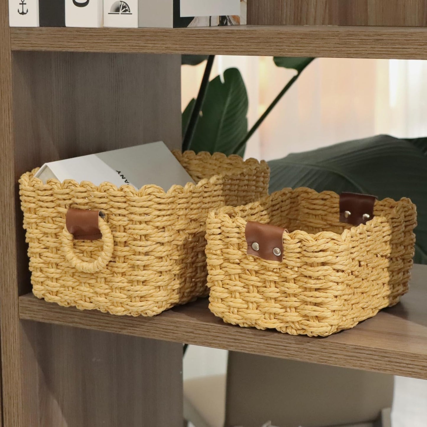 Small Paper rope baskets for Organizing,Cute woven storage Little basket for Home，Shelves, Bathroom,Decorative basket,Set of 3 (Desert color)