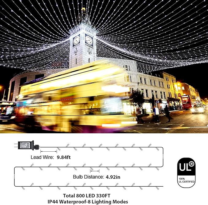 Outdoor Christmas String Lights, 800LED 330FT White Fairy Lights, 8 Mode Plug in Waterproof Indoor Outdoor Decor Lights for Bedroom Christmas Thanksgiving Wedding Party Garden Yard Tree
