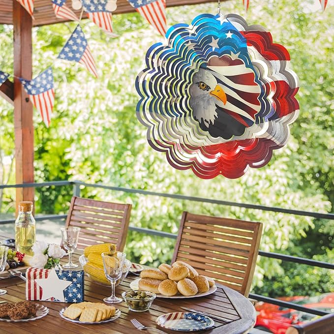Wind Spinner - American Flag Eagle Wind Spinners, Hanging Wind Sculptures, 12in 3D Metal Birds Wind Catcher, Outdoor Garden Decor Yard Art Patriotic Decoration Eagle Gifts for Men Women