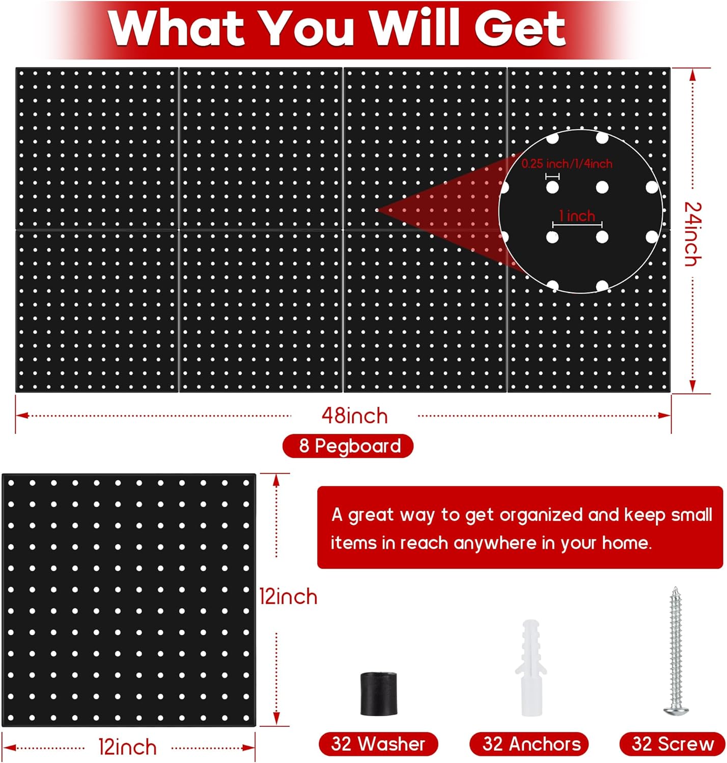 4 Pack Black Metal Pegboard Panels, Heavy Duty Steel Peg Boards Wall Organizer with Screw, Anchors and Washer Accessories for Garage, Tool Storage, Office Organization, Craft Room, Kitchen