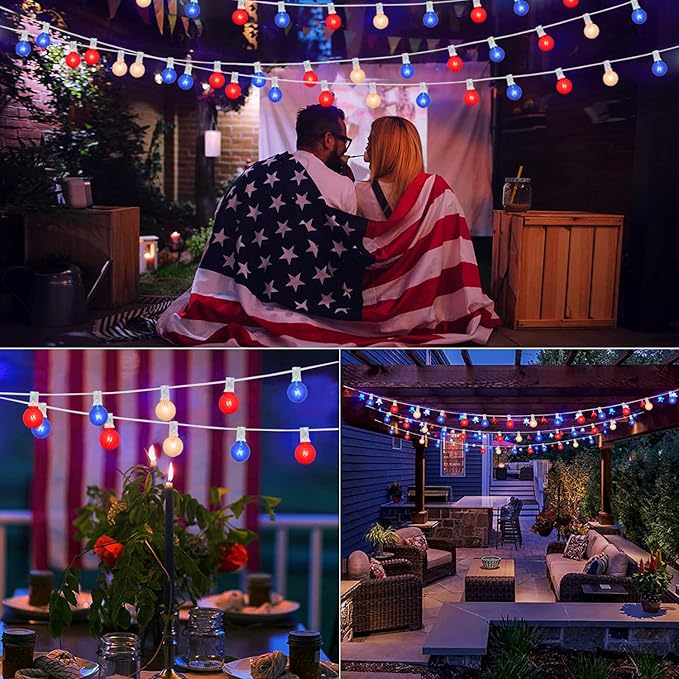 4th of July Decorations String Lights, 25Ft Outdoor Patio String Lights with 27 G40 Red White and Blue Light Bulbs(2 Spare), Independence Day Lights for Patriotic Party Garden Festival Decor- White