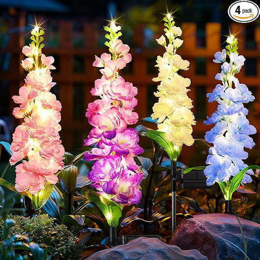 KOOPER Solar Lights Outdoor Garden Decor, 4 Pack Upgraded Delphinium Solar Garden Lights, 36 LEDs Garden Lights Solar Powered, Waterproof Solar Lights for Outside, Solar Flowers Lights for Yard Decor