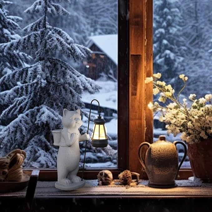 Solar Powered Garden Resin Statue Lights, 10 Inch Waterproof Outdoor Animal Cute Cat Figurine Lights, Suitable for Patios, Balconies, Lawns, Courtyards, Etc. (Basket)