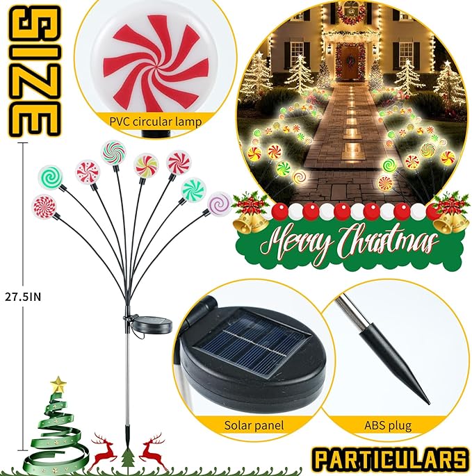4 Pack 8 Patterns Christmas Decorations with 32 Lollipop Christmas Lights, Solar Christmas Lights Outdoor Waterproof with 8 Modes, Christmas Peppermint Candy Pathway Yard Decor for Garden/Lawn/Patio