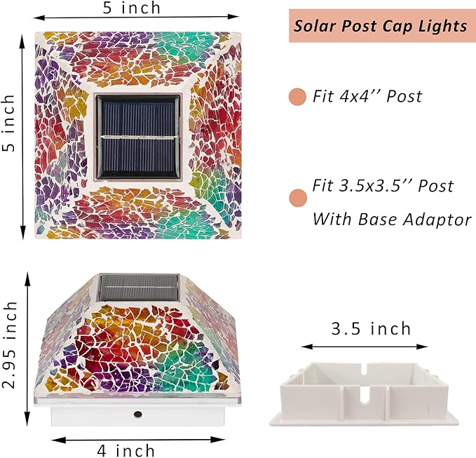 2PK Mosaic Solar Post Cap Lights Outdoor for 4x4, 3.5x3.5 Post Crackled Glass Deck Fence Lamp Weatherproof LED Light Decor in Garden, Yard, Outdoor Table, Balcony, Landscape- Multi-Colored