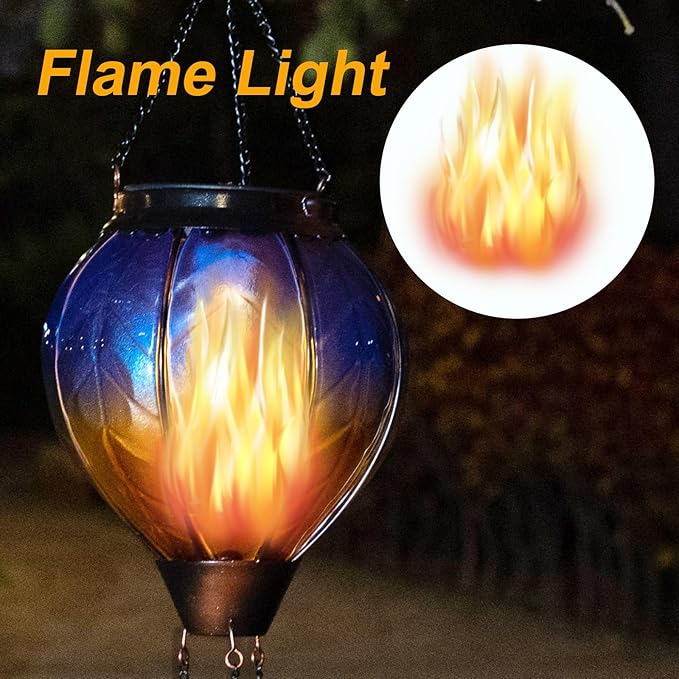 pearlstar Hot Air Balloon Solar Lantern with Flickering Flame Light, Outdoor Solar Hanging Lights Waterproof for Garden Yard Patio Farmhouse Decoration,Stained Glass Blue