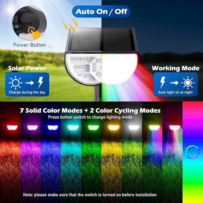Solar Color Changing Spot Lights Outdoor, Multi-color RGB Solar Landscape Lights IP67 Waterproof, 9 Lighting Modes Solar Powered Spotlights for Christmas Holiday Decorations Yard Garden, 6-Pack