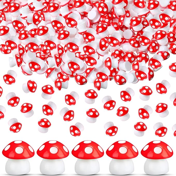 Yulejo 160 Pcs Tiny Mushrooms Mini Figurines Miniature Cute Colorful Mushroom Figurines Indoor Outdoor Mushroom Statue Decor Mushroom Decoration for Garden Landscape Bonsai Craft Ornament (Red, M)