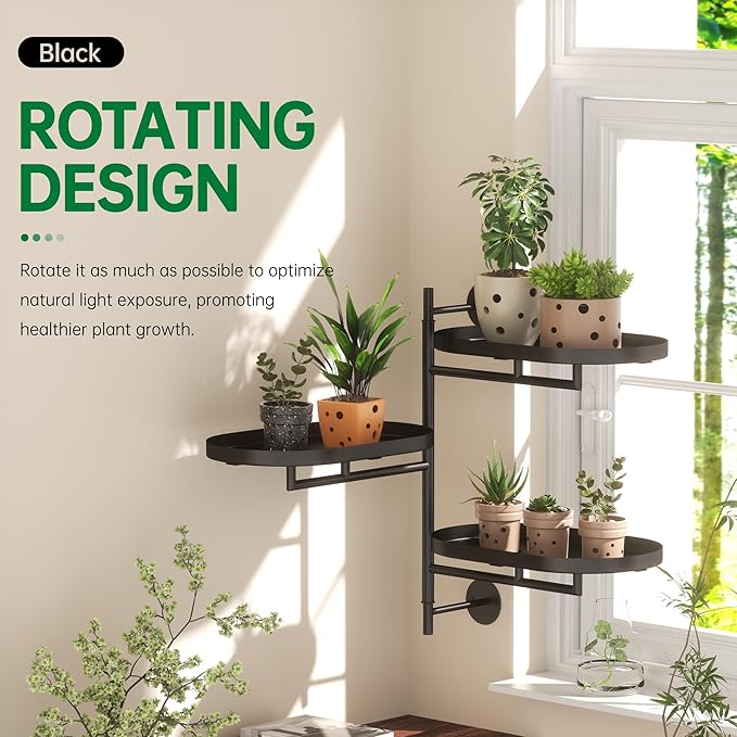 Rotating Window Plant Shelves for Multiple Plants Indoors,3-tier Metal Corner black Plant Stand Holder Floating Plant Shelf for Wall，Windows Sill Gifts for Plant Lovers to Enhance Home Decor