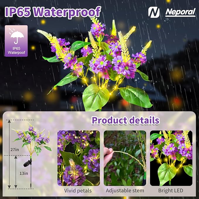 Neporal Solar Flowers Outdoor Waterproof Purple, Lilac Garden Solar Lights Decorative 4PK 8-Stem, 2 Lighting Modes, Solar Powered Garden Decor, Solar Yard Decor