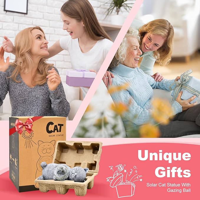 Solar Cat Statue - Garden Decor with LED Lights, Perfect for Mom or Grandma (Gray Cat)