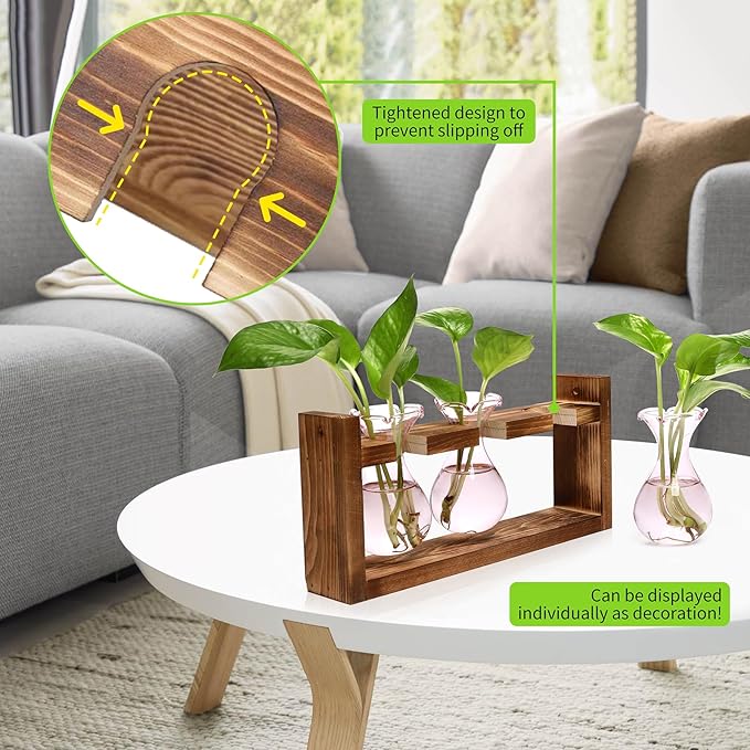 Plant Propagation Station Plant Terrarium Unique Birthday Gifts for Women Plant Lovers Home Office Decor Planter with Wooden Stand - 3 Bulb Glass Vase