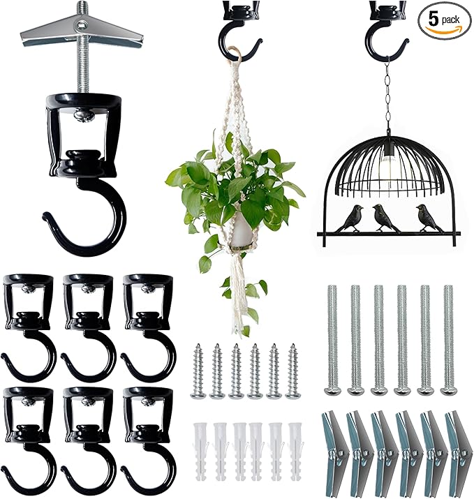 Ceiling Hooks for Hanging Plants (6 PCS Black),Heavy Duty Metal Plant Hooks, Screw in Hooks for Hanging Birdfeeders, Lamps, Planters, Outdoor Decorative Hooks up to 33 lbs