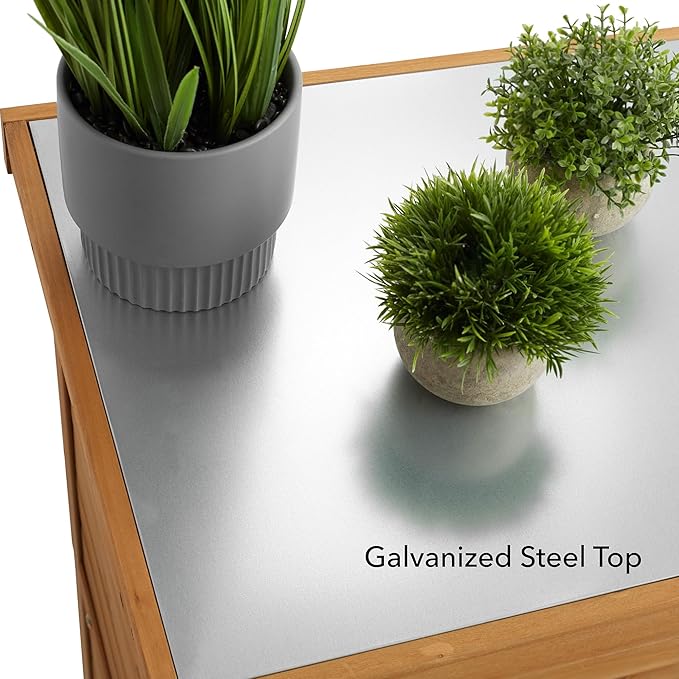 Casafield Outdoor Garden Potting Bench with Metal Tabletop and Storage Cabinet - Wooden Outdoor Garden Patio Workstation Table, Natural