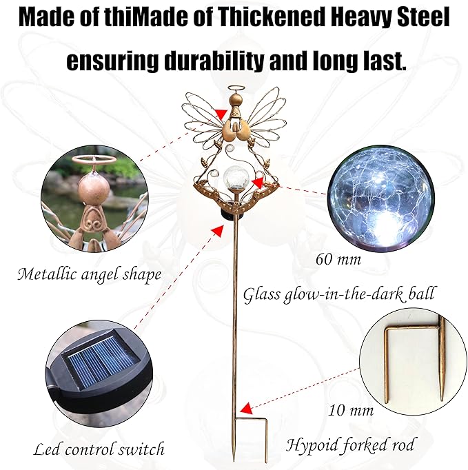 Solar Angel Outdoor Lights Garden Stake - Metal Angel Crackle Glass Ball Solar Light- Waterproof 31 White LED for Garden Lawn Patio or Courtyard Decor（Bronze）