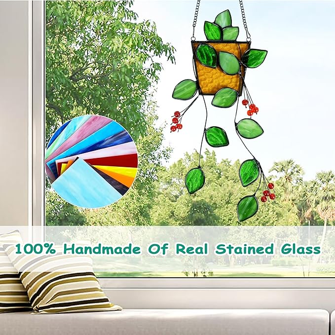 Royxen Stained Glass Window Hanging, Sun Catcher, Suncatchers for Windows Hanging, Green Plants with Yellow Pot