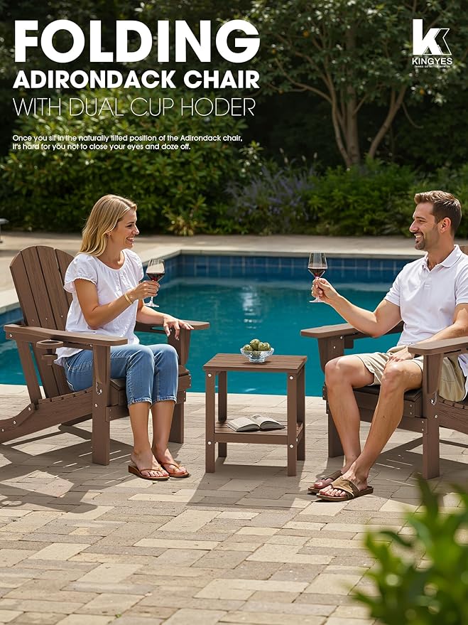 KINGYES Folding Adirondack Chair Set of 2, Dual Cup Holders & All-Weather HDPE, Wood-Like Patio Chair for Backyard, Camping, Pool & Fire Pit, Brown