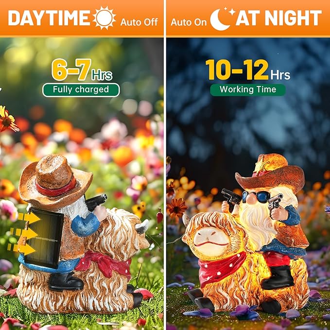 Garden Gnome Statue on Highland Cow with Solar Lights – Funny Outdoor Resin Decor for Patio, Lawn, Yard – Unique Gift for Women, Grandma, Mother's Day, Birthday, Housewarming