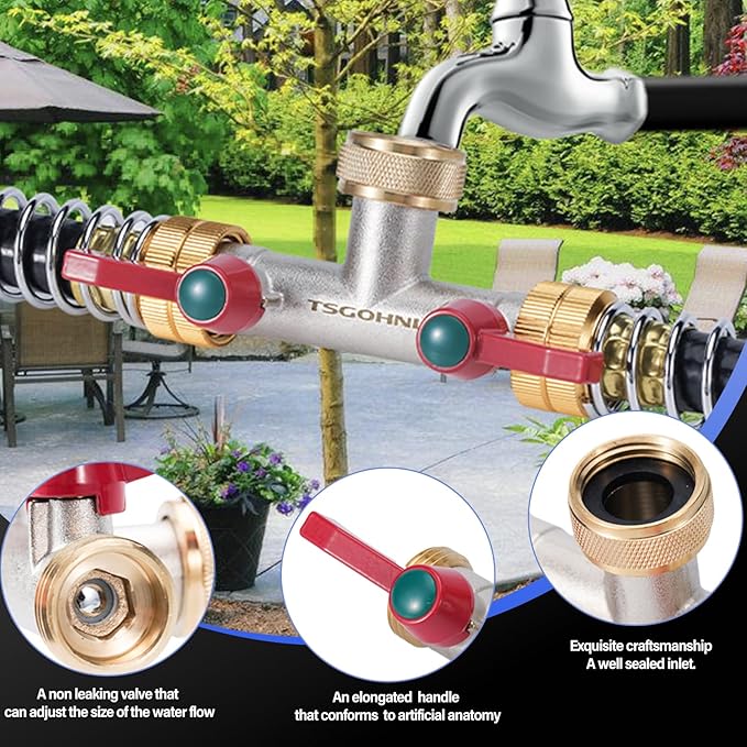 Brass Garden Hose Splitter, 2-Way Heavy Duty Faucet Splitter, 180° longitudinal，Frost Resistant Faucet Diverter for GHT 3/4" Connectors，2 protectors to prevent hose kinking