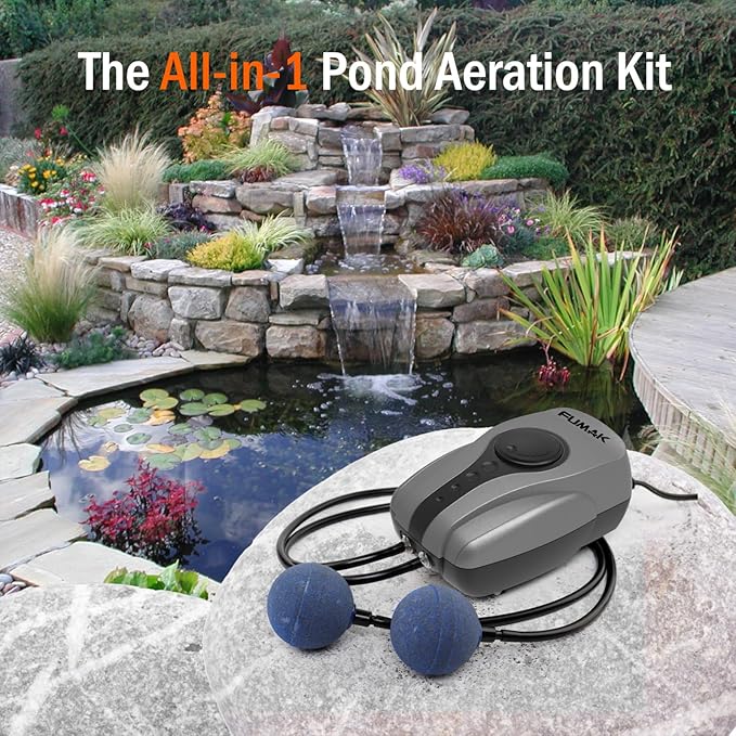 Pond Air Pump Pond Aerators for Outdoor Ponds up to 2000 Gallons, Flow Adjustable Pond Aerator Pump All-in-One Pond Aeration Kit with Airline Tubing Air Stones Check Valves